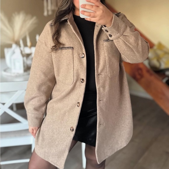 Zara NWT beige tan oversized button front stitched shacket - Picture 11 of 16